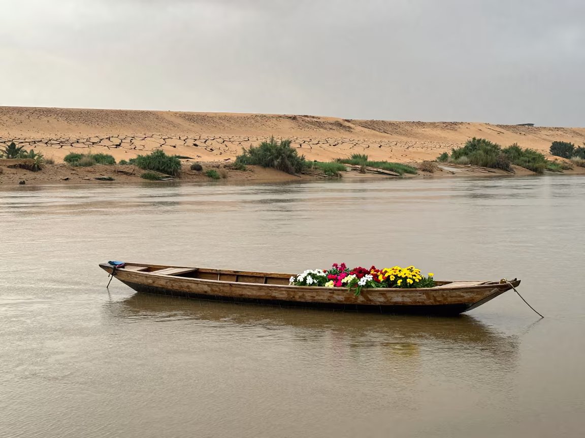Flower Sampan Ferry Crossing in Dry Sahara Rain in across a remote ferry crossing in the Sahara