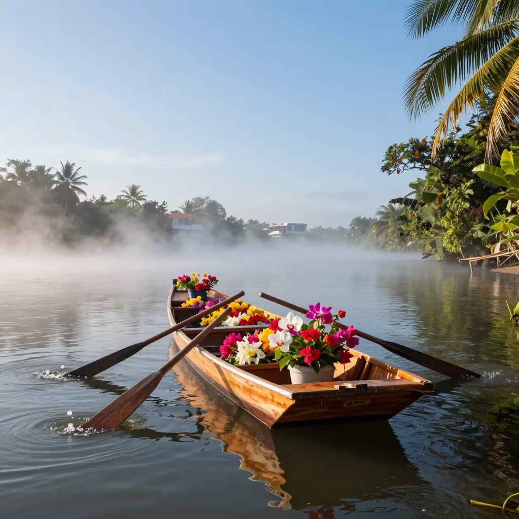 Flower Sampan Ferry Crossing US Afternoon Fog in across a remote ferry crossing in United States