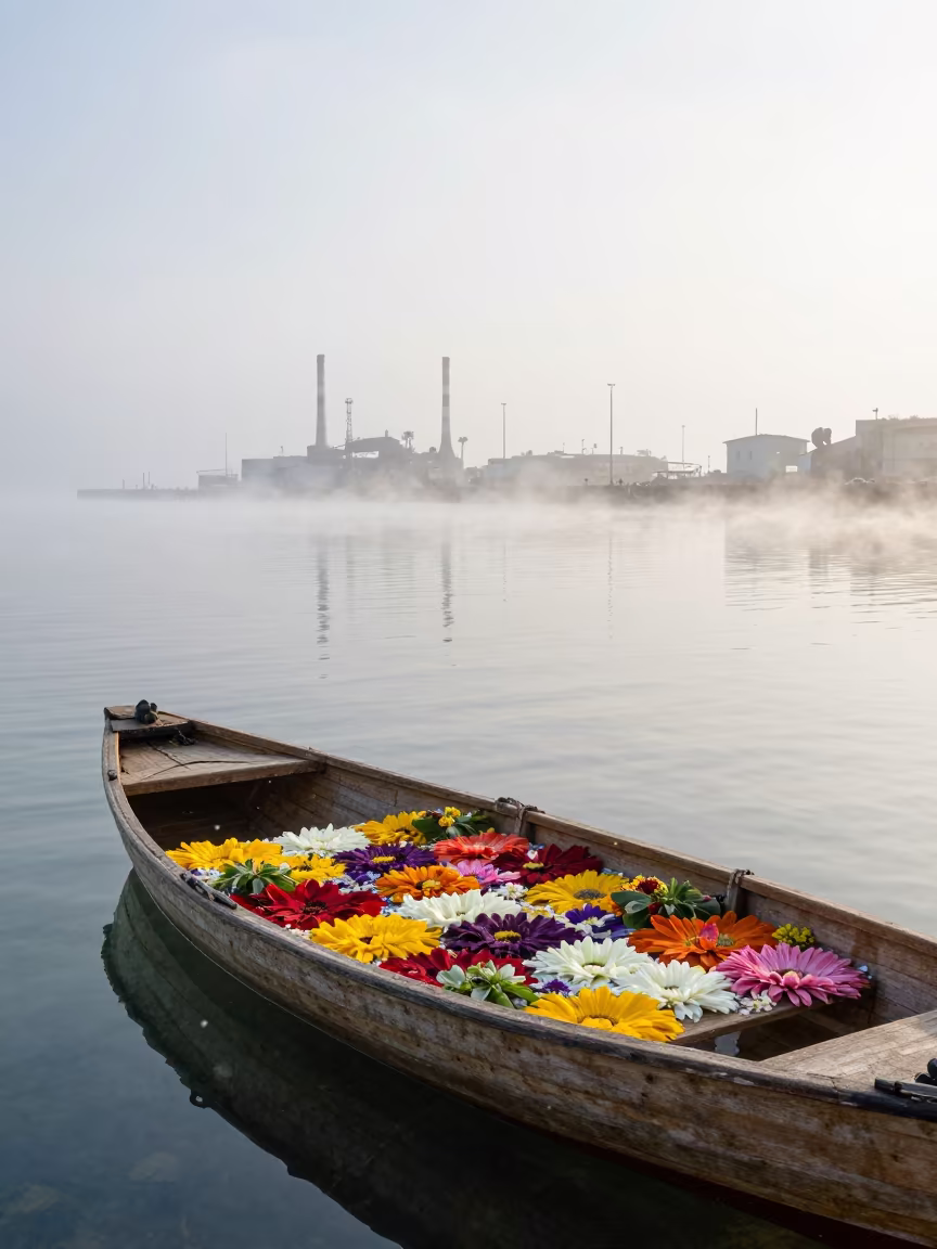 Flower Sampan in Seoul Harbor Mist in beside a fogbound harbor mouth near Seoul