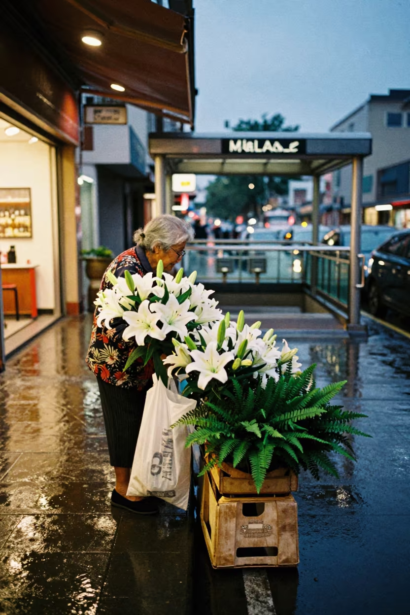 Flower Seller at Belas Metro Entrance in outside a metro entrance in Belas