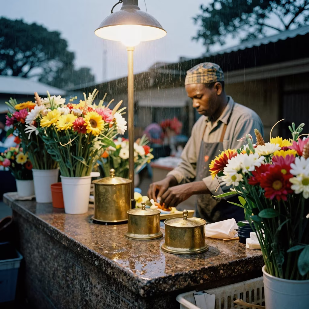 Flower Seller with Brass Weights at Dusk in at a flower auction bench in Johannesburg