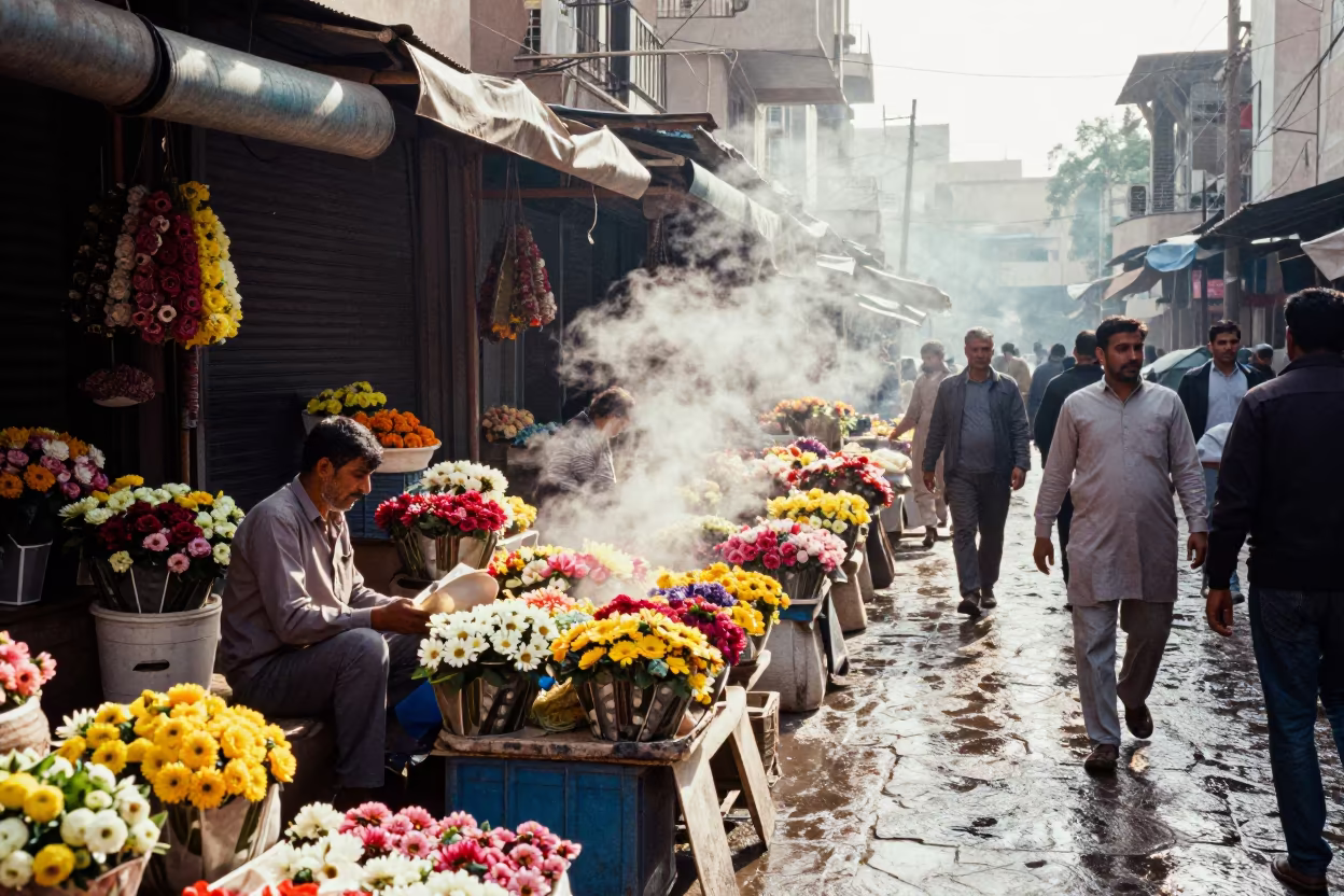 Flower Seller in Rawalpindi Bazaar After Rain in in a covered bazaar aisle in Rawalpindi