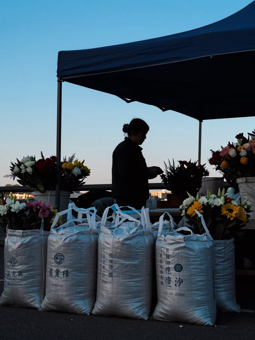 Flower Seller Silhouette at Changsha Twilight Market in under a market canopy in Changsha