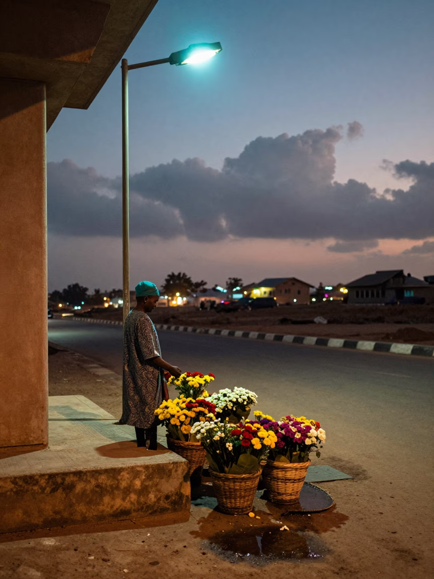 Flower Seller Under Flickering Light in Sokoto Evening in beneath a flickering underpass light in Sokoto