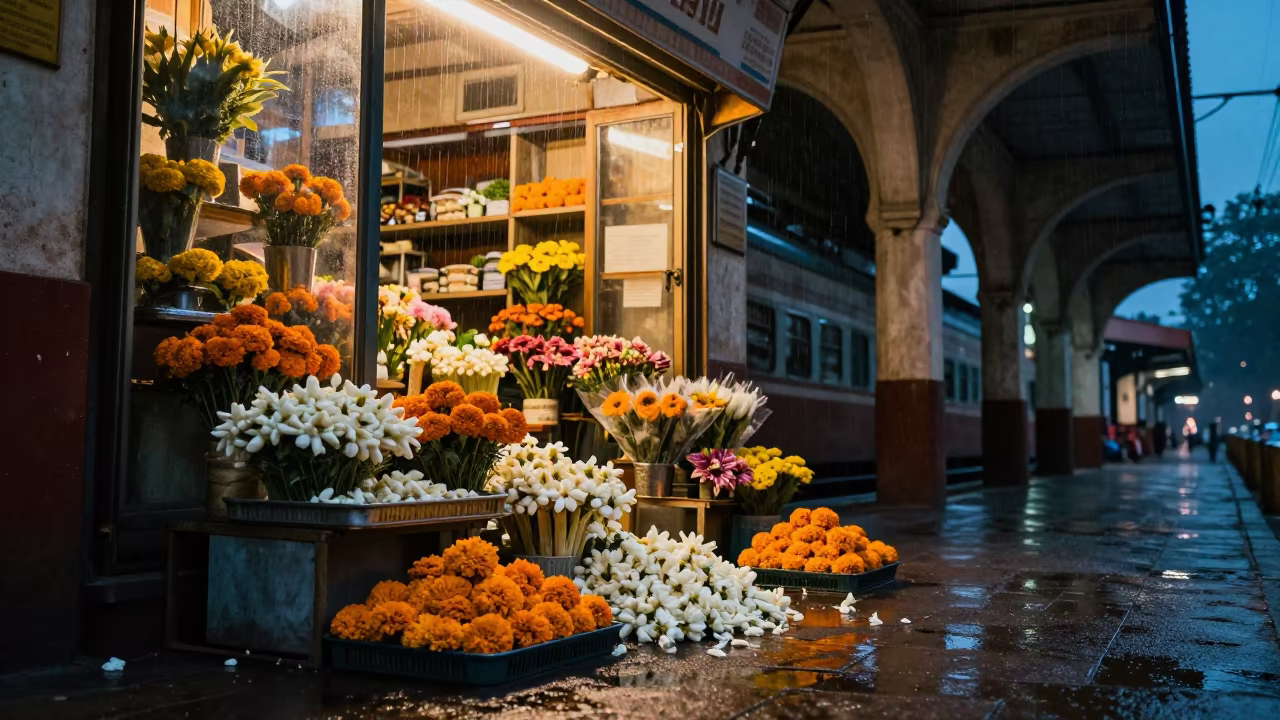 Flower Shop Spilling Sidewalk Blue Hour Delhi Terminal in inside a restored train terminal in Delhi