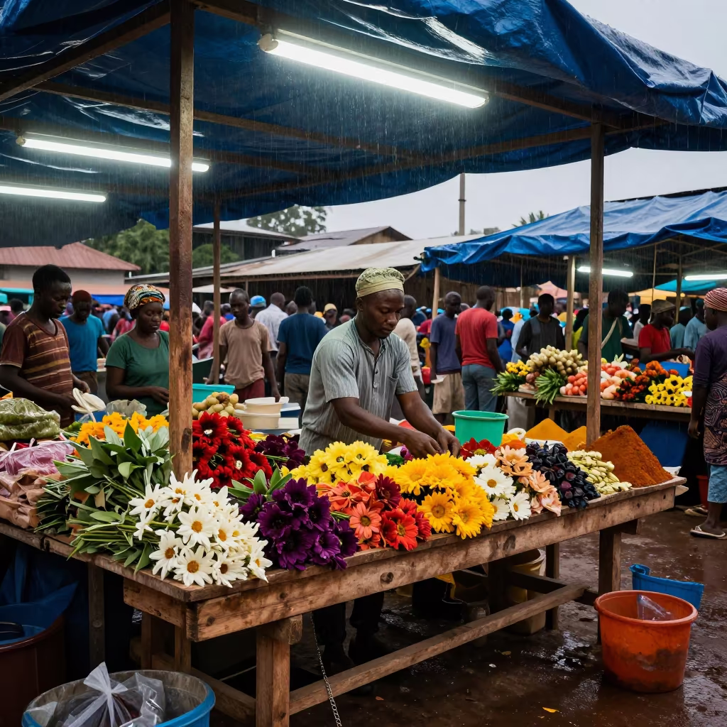 Flower Vendor Arranging Produce at Dawn in at a flower auction bench in Conakry