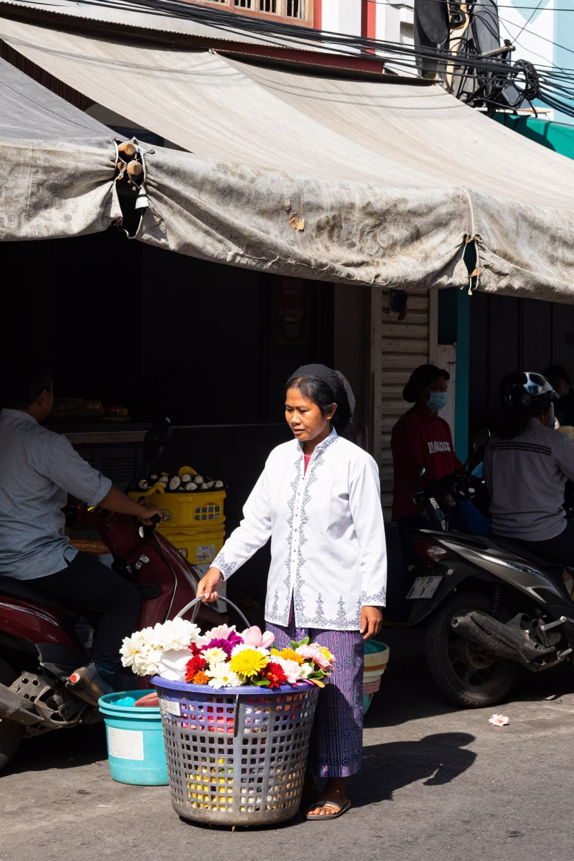 Flower Vendor in Denpasar in in Denpasar, Indonesia