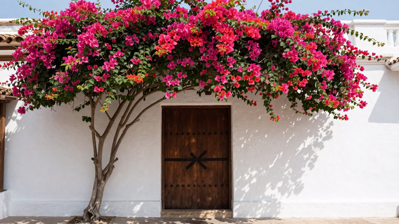 Flowering Bougainvillea in Cartagena at The Flat Glare Of Noon Light in in Cartagena, Colombia