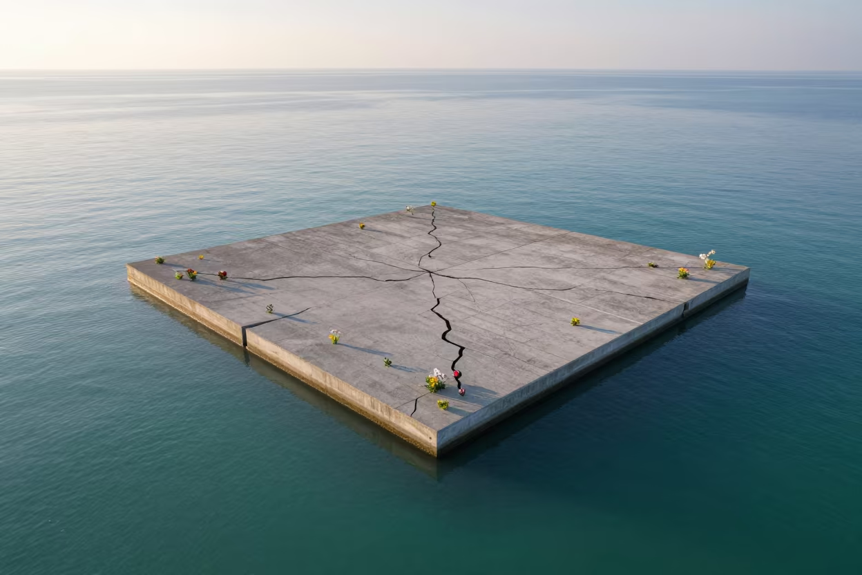 Flowering Concrete Island at Dawn in far above surf-scalloped coastline near Sydney