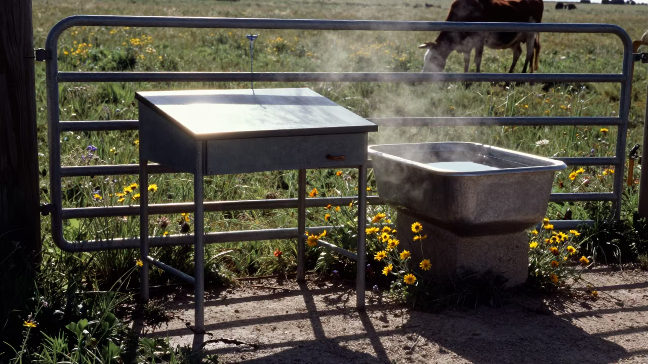 Flowers Break Concrete Branding Ledger Desk South Dakota in beside a pasture gate in South Dakota