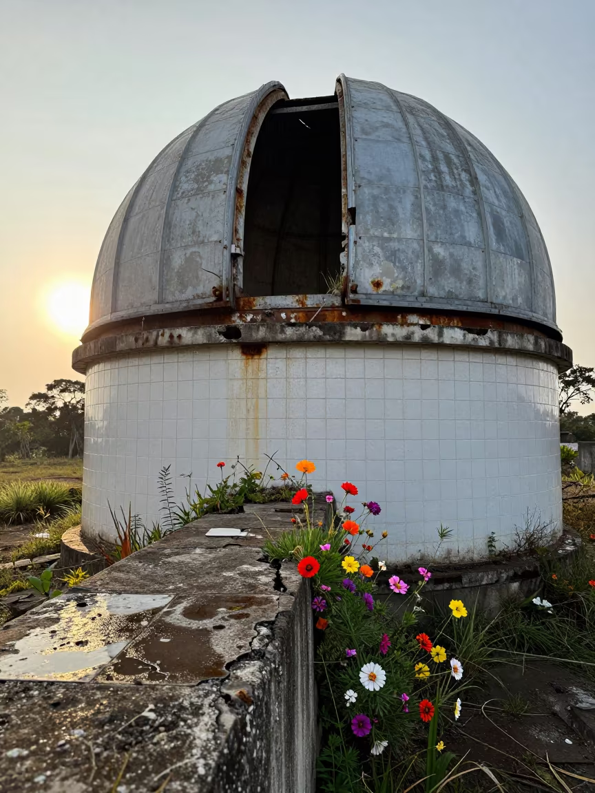 Flowers Burst From Derelict Observatory Ruin in near a weather balloon launch site in Paraguay