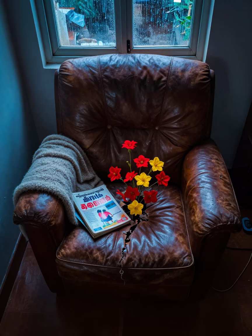 Flowers Bursting From Chair Cracks in Chennai in on a worn leather armchair near Chennai