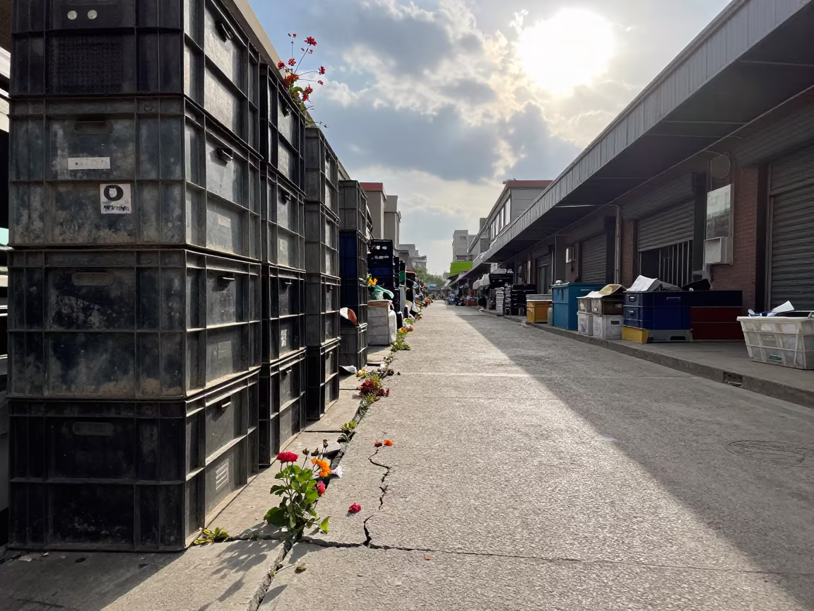 Flowers Bursting From Concrete Cracks Lanzhou Market in along a market-lined side street in Lanzhou