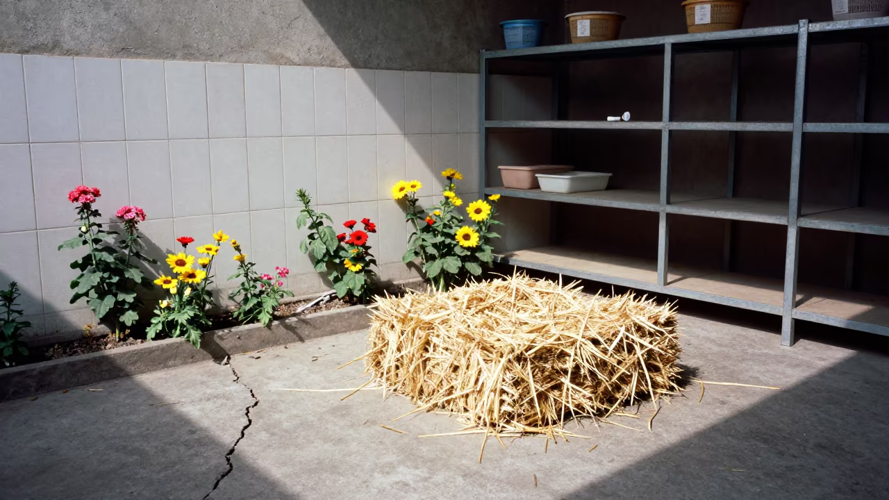Flowers Bursting Concrete Hay Cube Tote Adoption Room in inside an adoption room near Prayagraj