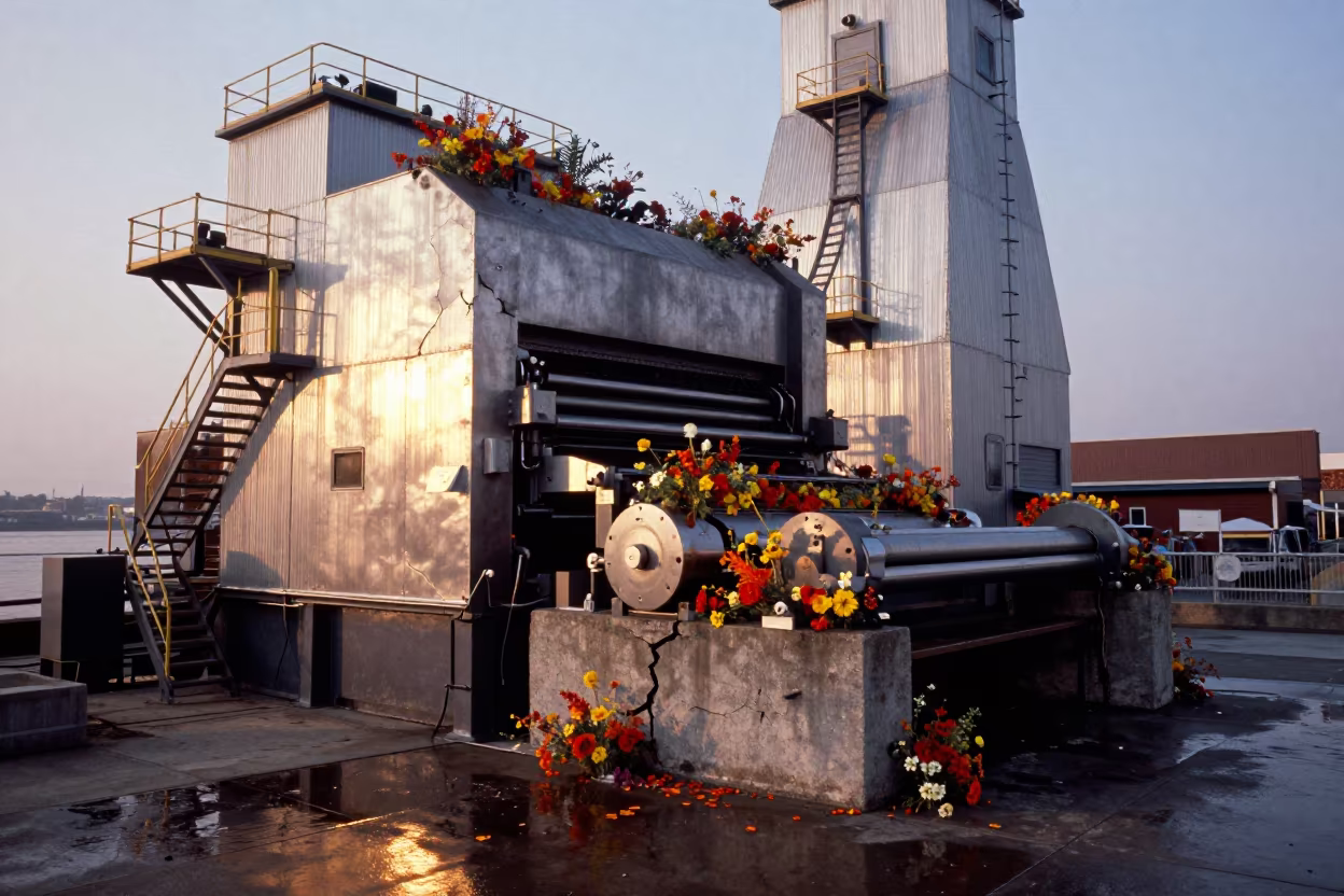 Flowers Bursting From Pressing Newspaper Machinery in inside a grain elevator near Baltimore