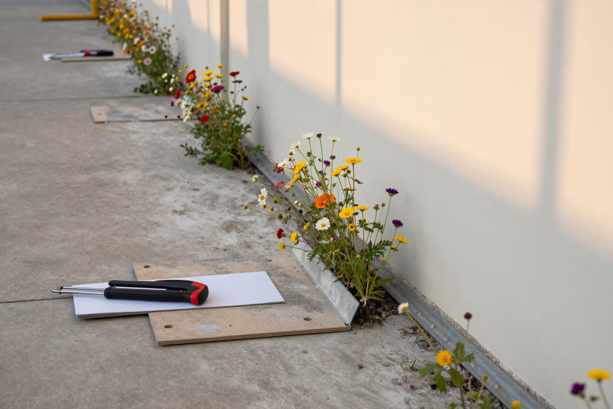 Flowers Bursting from Warehouse Seal Cutter Board in inside a warehouse aisle in Busan