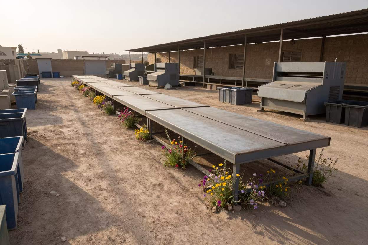 Flowers Grow From Concrete Grading Bench in at a fulfillment packing station near Damascus