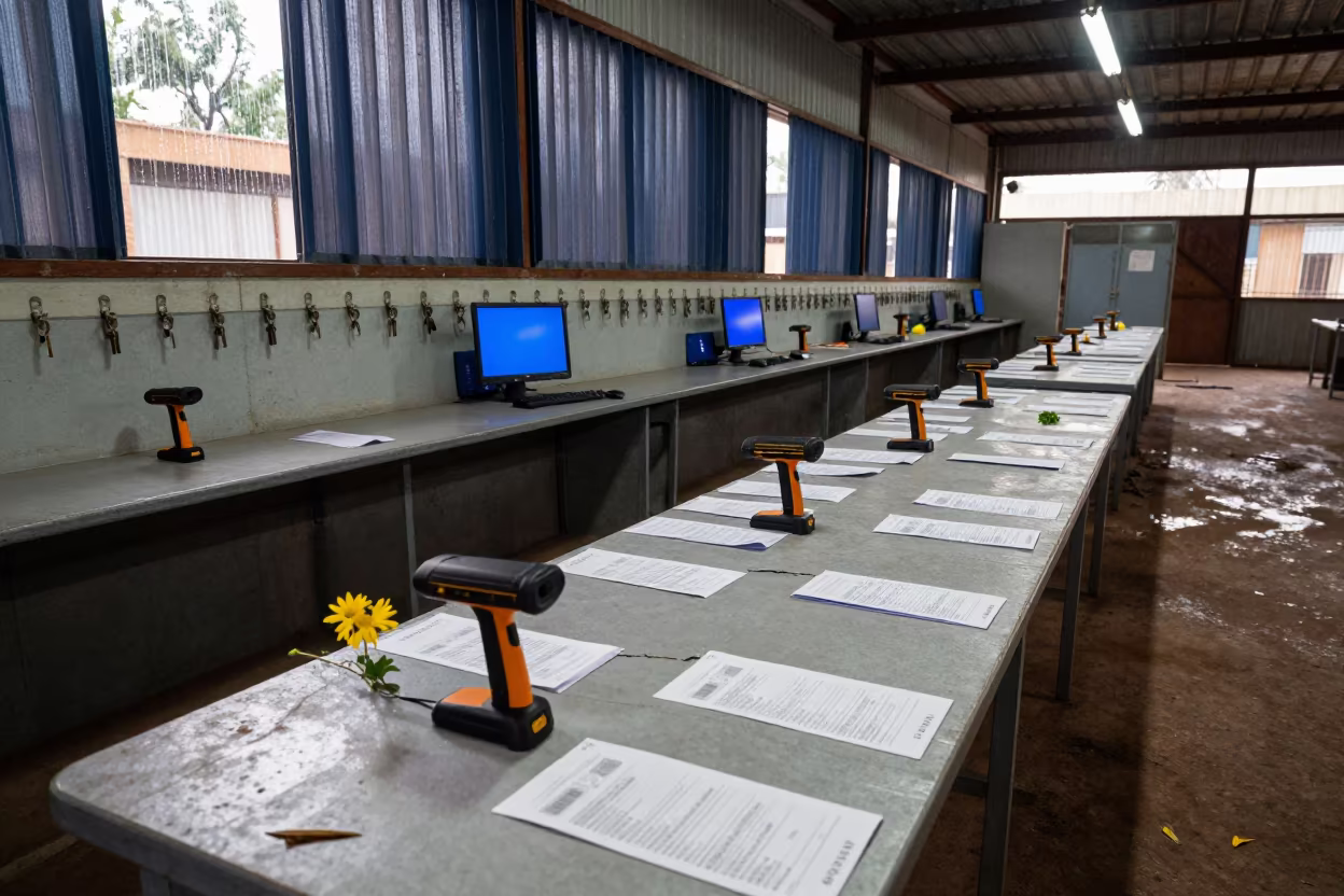 Flowers Growing From Depot Table Under Blue Light in inside a dispatch office above the dock in Juba