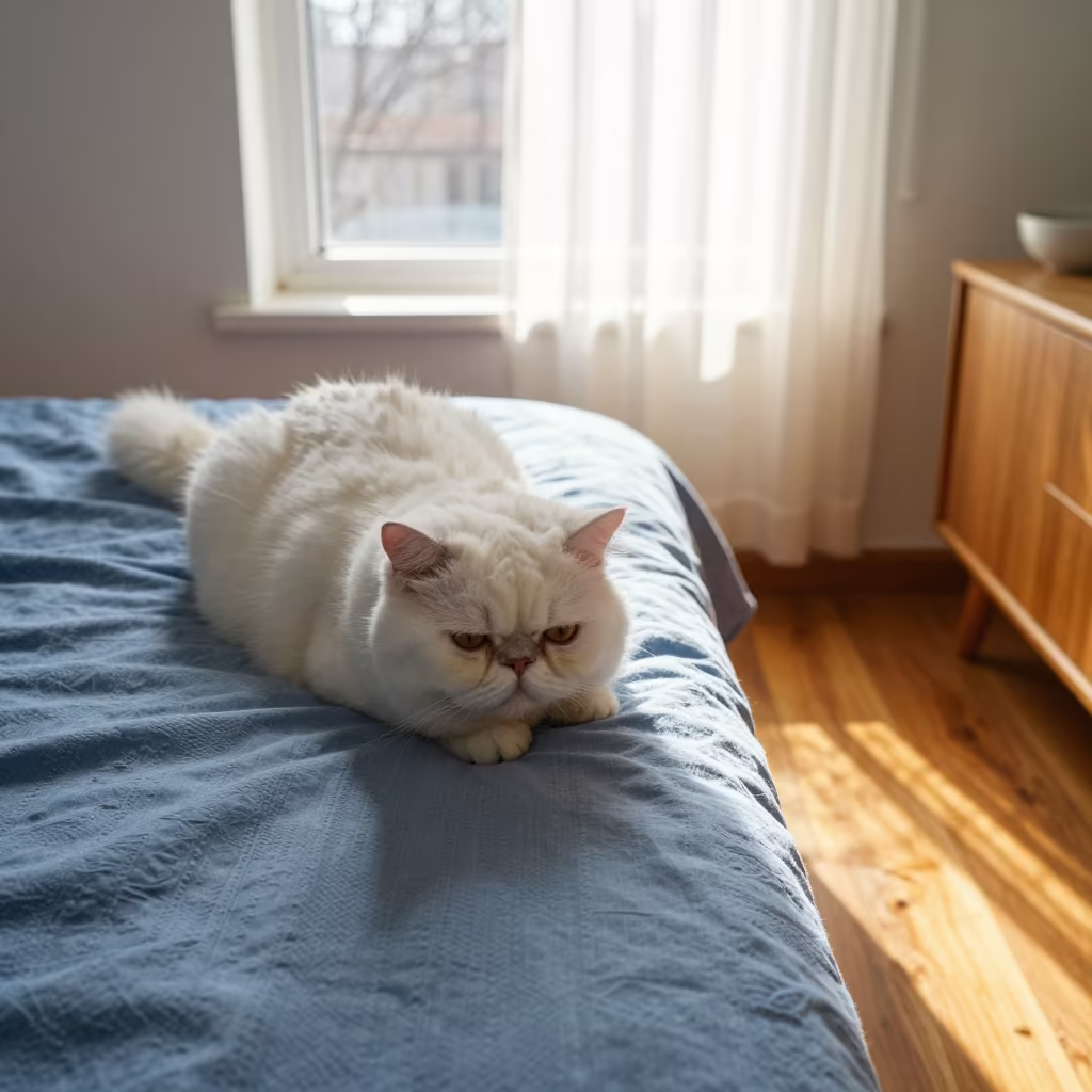 Fluffy Persian Cat Lounging on Bedspread Near Window in on a bedspread near a bright window with calm indoor light near Washington DC