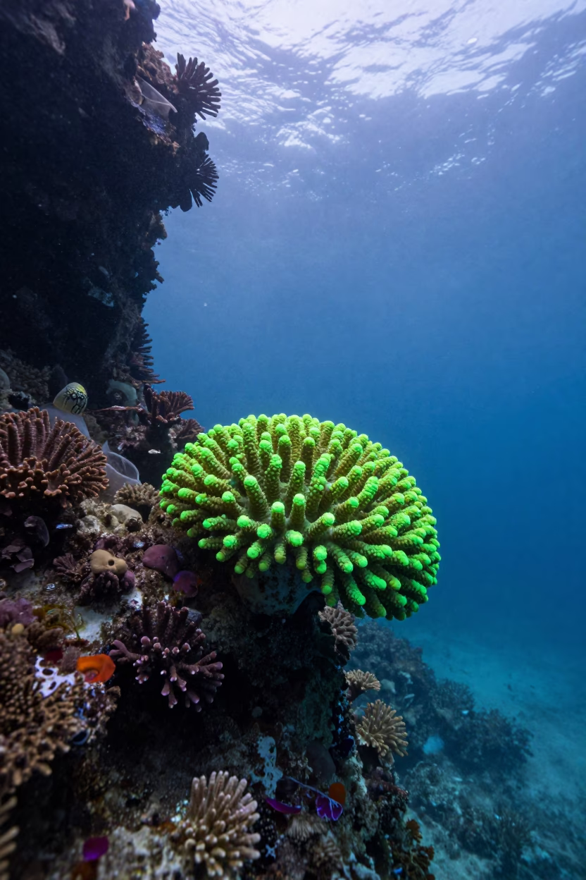 Fluorescent Brain Coral Under Dawn Reef Light in beside a volcanic reef overhang near Denpasar