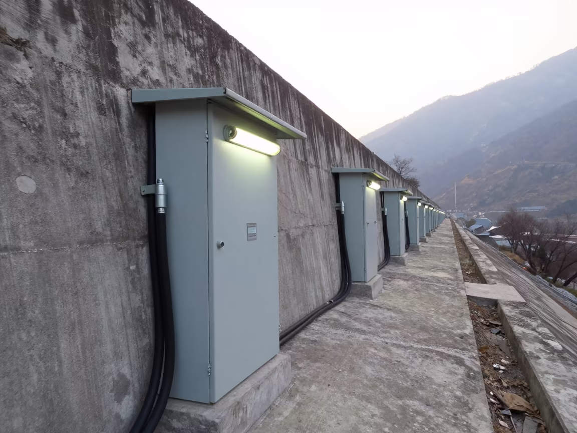 Fluorescent Cable Splice Tunnel Along Dam Spillway in along a dam spillway in Sikkim