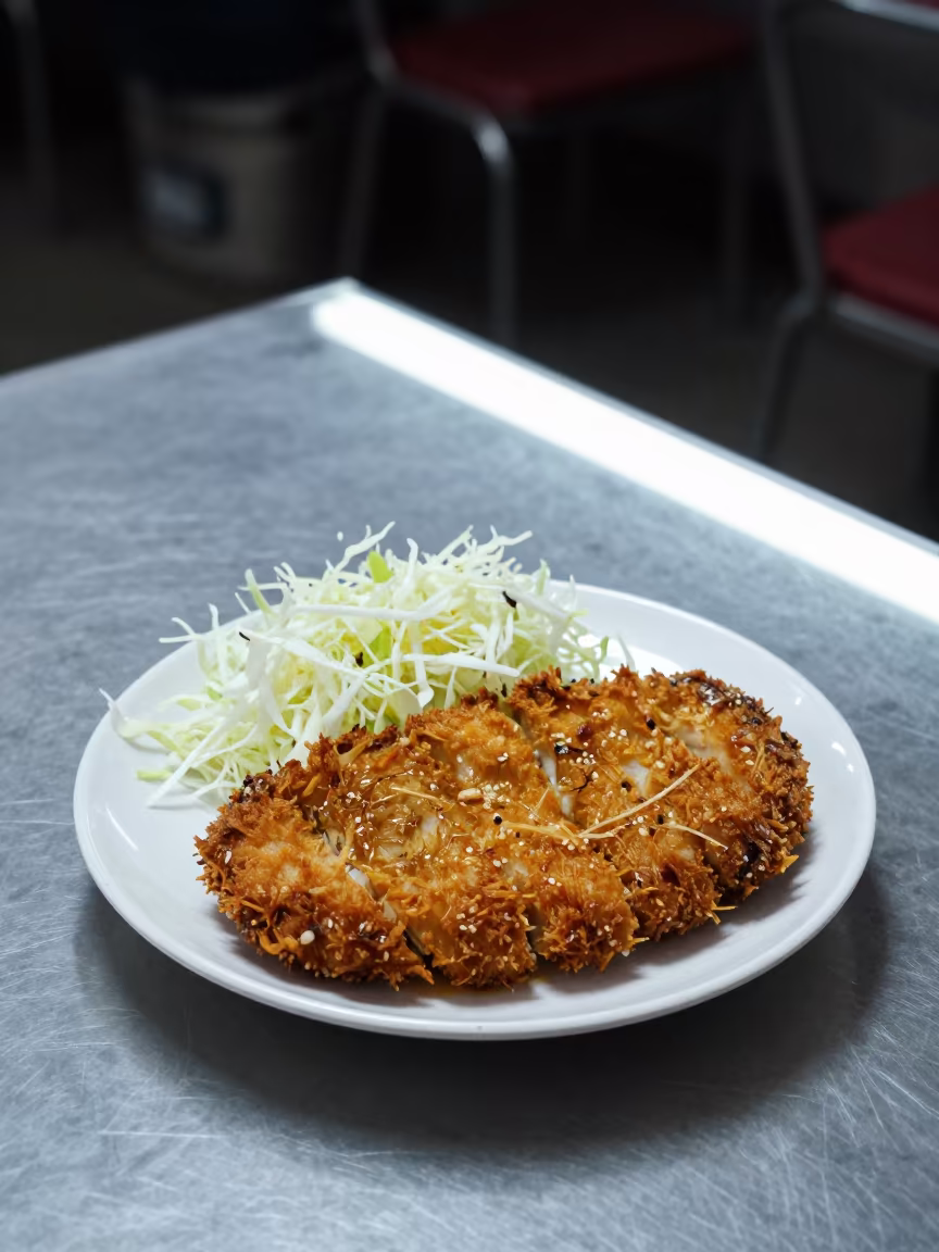Fluorescent Tonkatsu Plate Overhead Night Diner in at a roadside diner table in Aktau