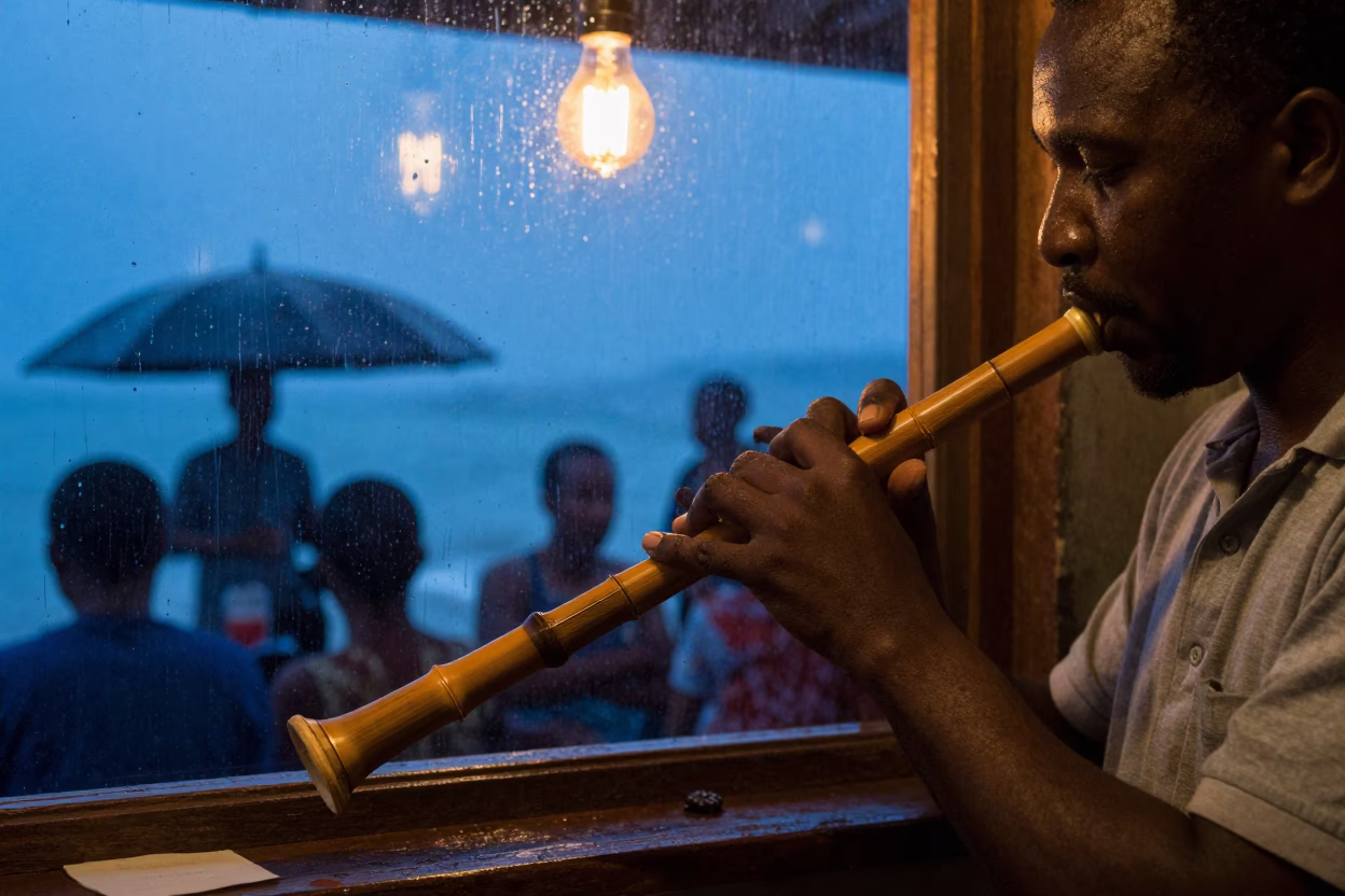 Flute Maker Carves Bamboo in Dar es Salaam Jazz Club in at a jazz club in Dar es Salaam