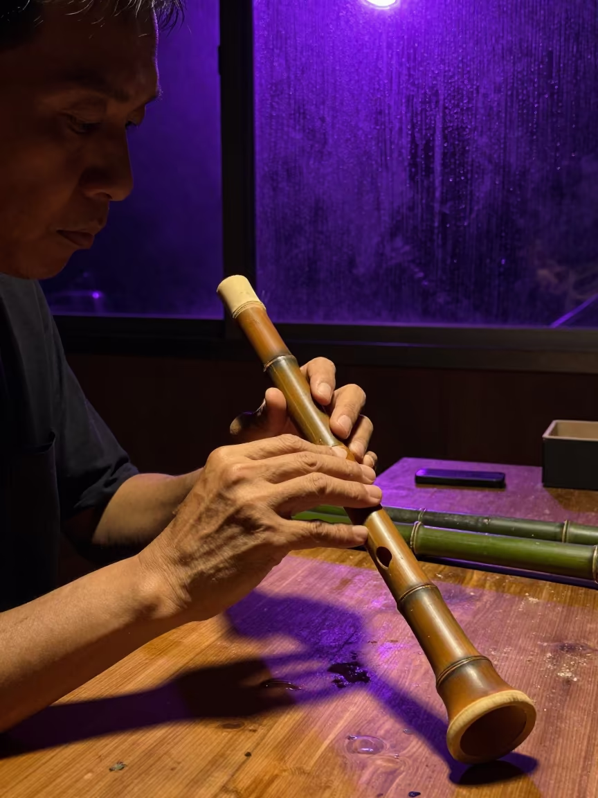 Flute Maker Carving Bamboo in Kuala Lumpur Night in in a rehearsal room in Little India, Kuala Lumpur
