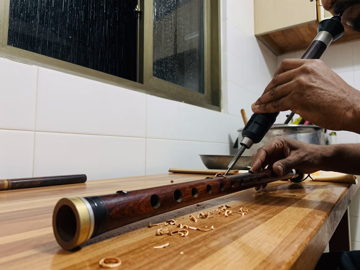 Flute Maker Drilling Grenadilla Wood Late Night in in a kitchen in Karaikudi