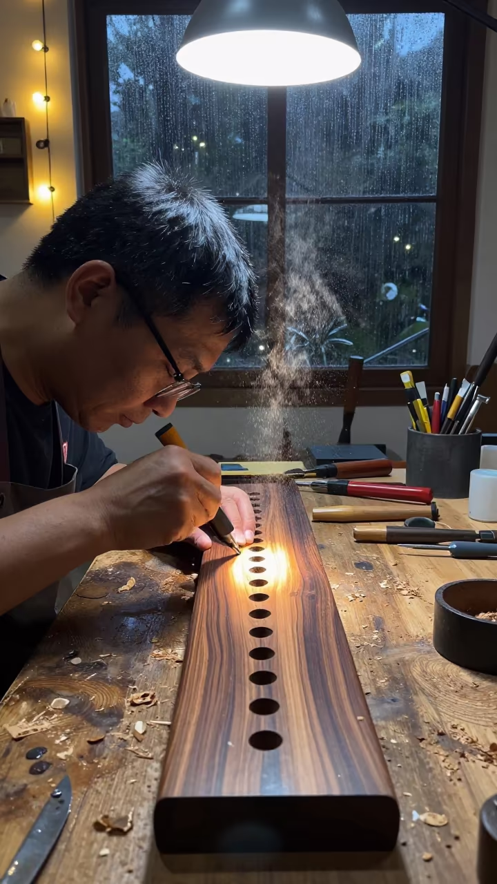 Flute Maker Drilling Grenadilla Wood at Night in in a studio in Guiyang