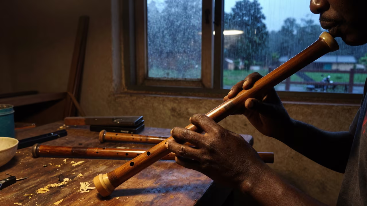 Flute Maker Drilling Grenadilla Wood in Singida Atelier in in an atelier in Singida