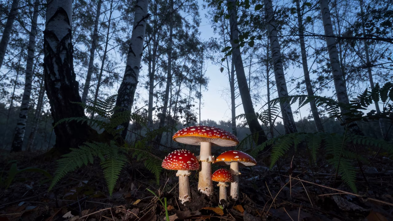 Silhouetted Fly Agaric Mushrooms in German Birch Wood in on a fern-lined forest floor in Germany