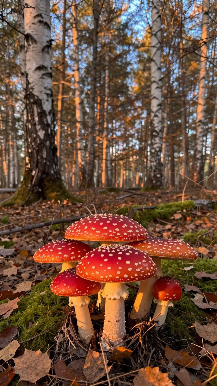 Fly Agaric Mushrooms in Birches at Sunset in near Port-Gentil
