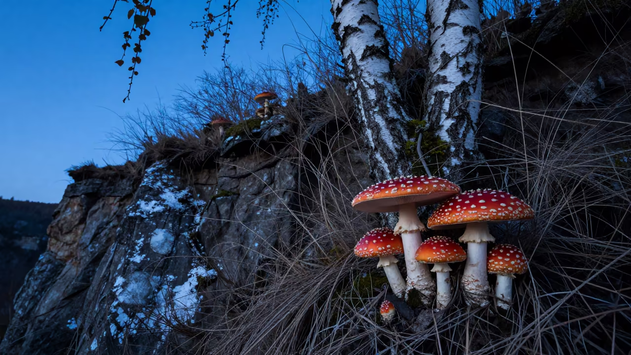 Fly Agaric Mushrooms on Seattle Cliff Edge Twilight in along a salt-sprayed cliff edge near Seattle