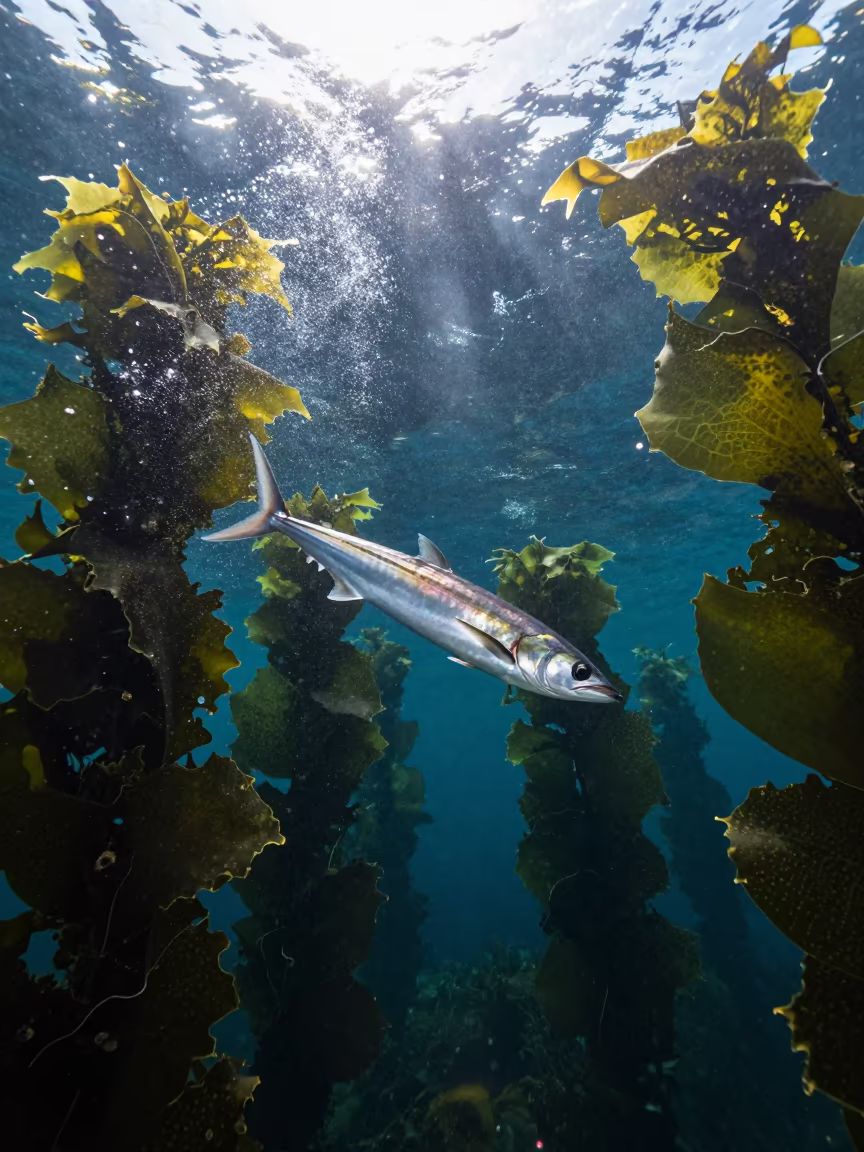 Flying Fish Breaches Kelp Forest Noon Light in through a forest of kelp fronds in Hokkaido