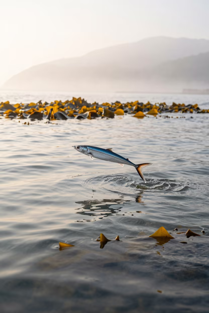 Flying Fish Gliding Over Kelp Shelf Before Dawn in along a kelp-fringed shelf near Busan