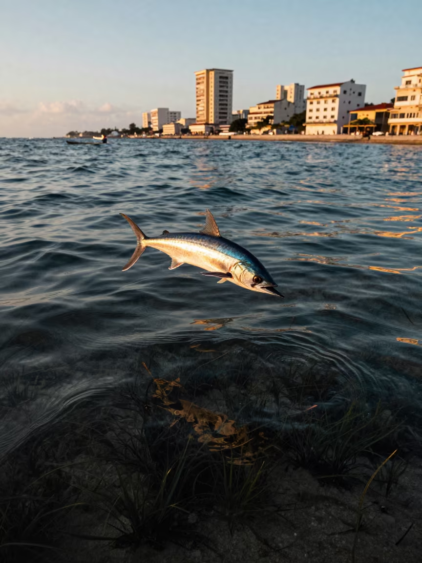 Flying Fish Gliding Over Havana Seagrass in above a seagrass meadow near Habana Vieja, Havana
