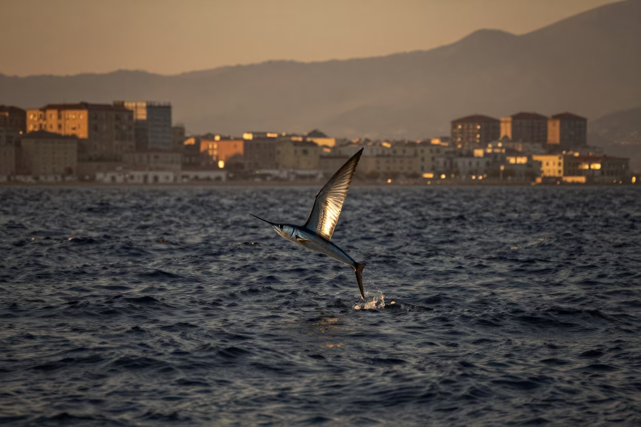Flying Fish Above Naples Waves at Dusk in near Quartieri Spagnoli, Naples