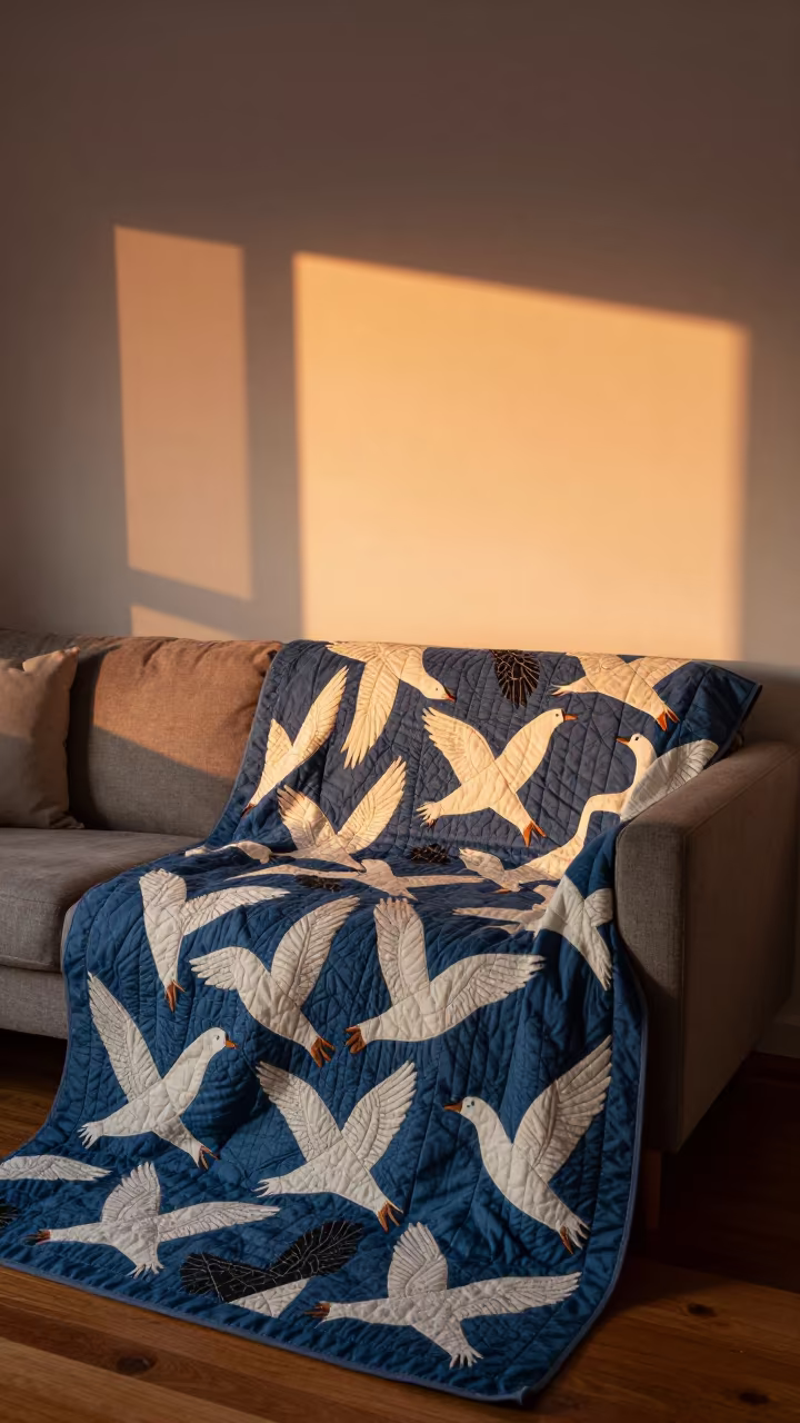 Flying Geese Quilt in Esmeraldas Dusk Light in in a sunlit living room in Esmeraldas