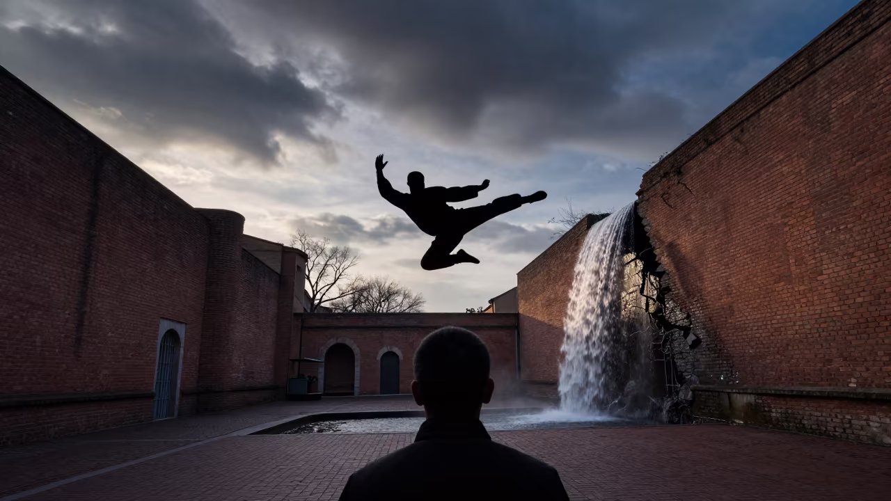 Flying Kung Fu Kick Over Toulouse Courtyard in in the old quarter in Toulouse