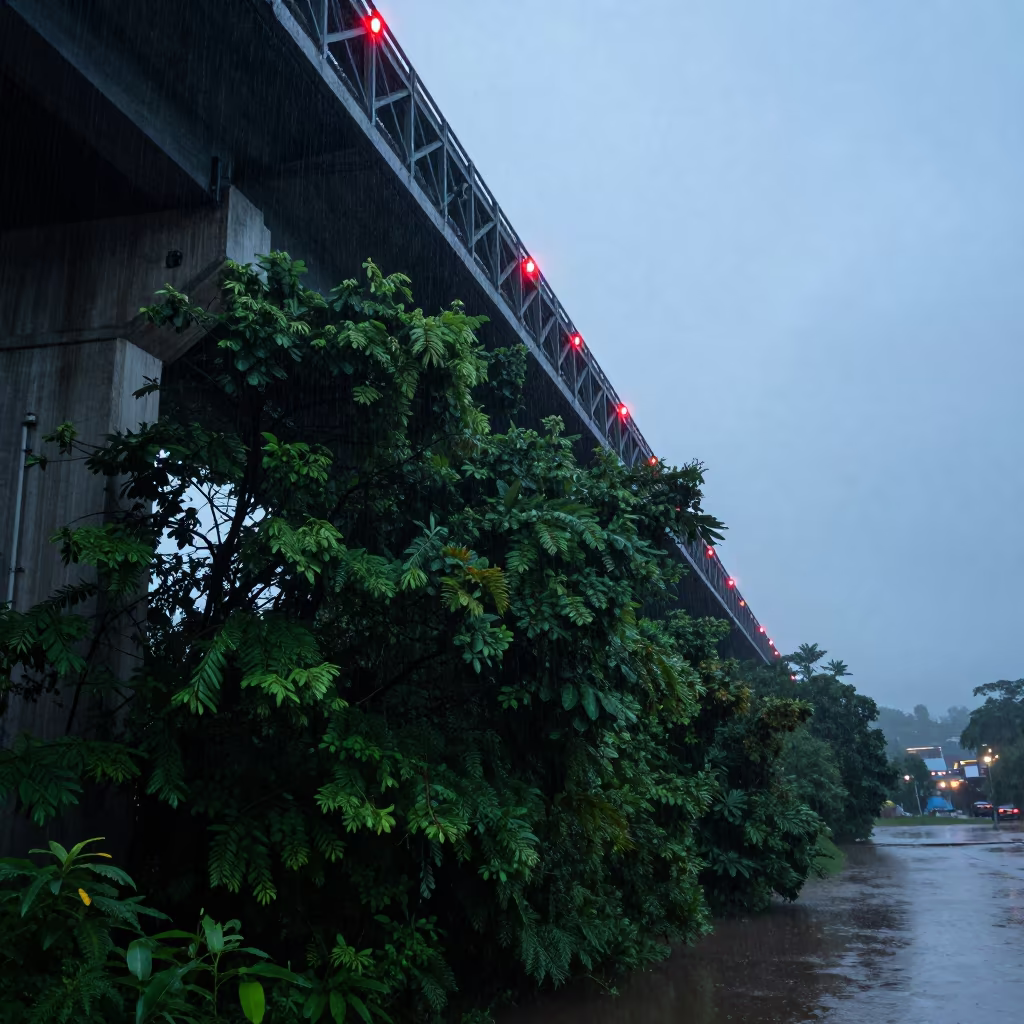 Flyover Forest Bridge Beneath Red Brake Lights in along a levee path above floodwater near Kisii