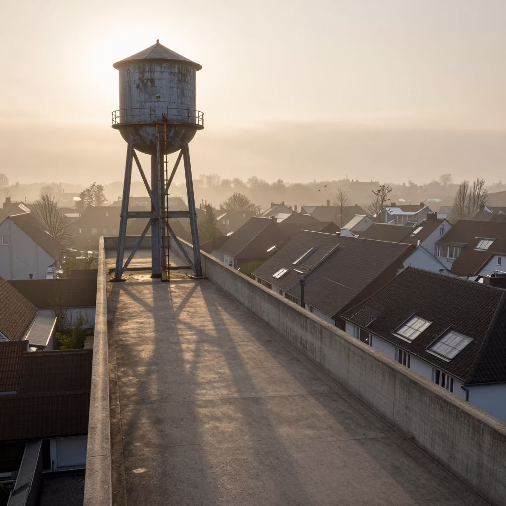 Flyover Shadow Over Dusseldorf Rooftops at Sunset in beside a water tower ladder near Dusseldorf