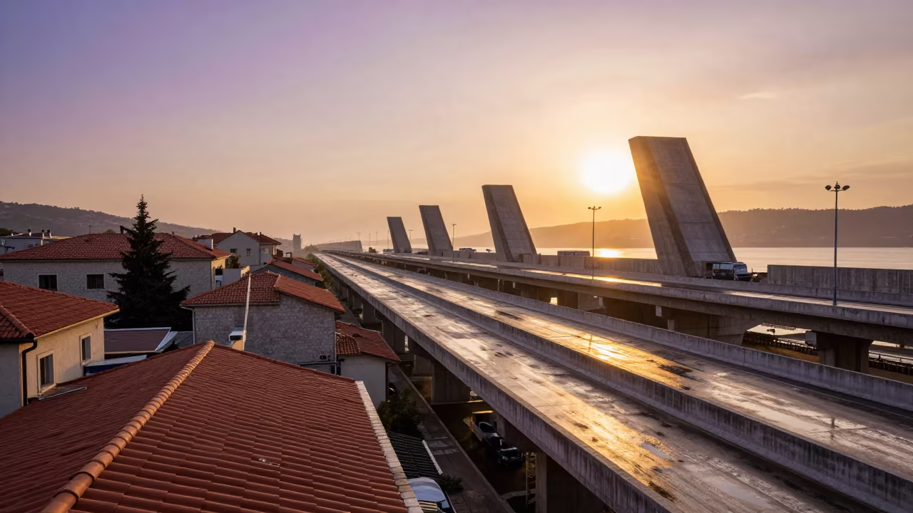 Flyover Shadow Slides Over Rooftops at Sunset in beside a storm surge barrier in Montenegro