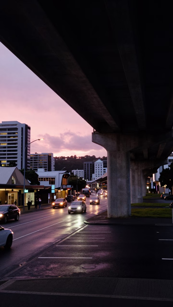 Flyover Shadows in Wellington at Twilight in in Wellington, New Zealand