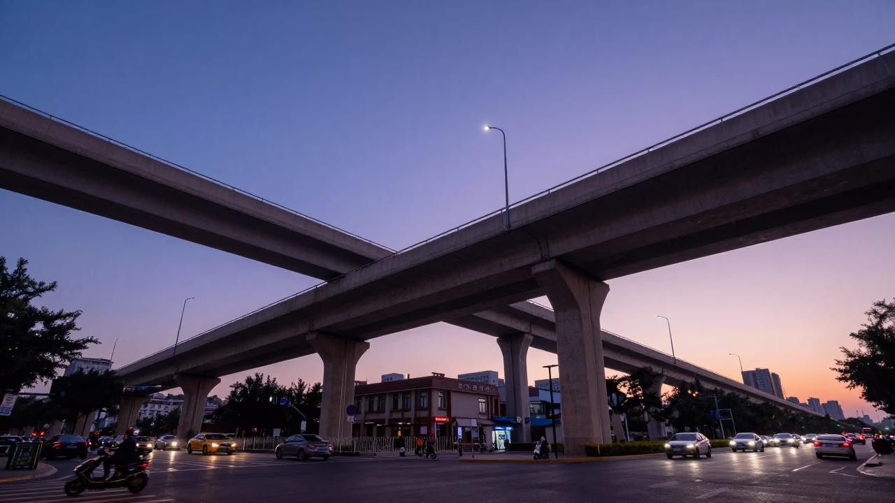 Flyover Stack in Beijing at Indigo Twilight After Sunset in in Beijing, China