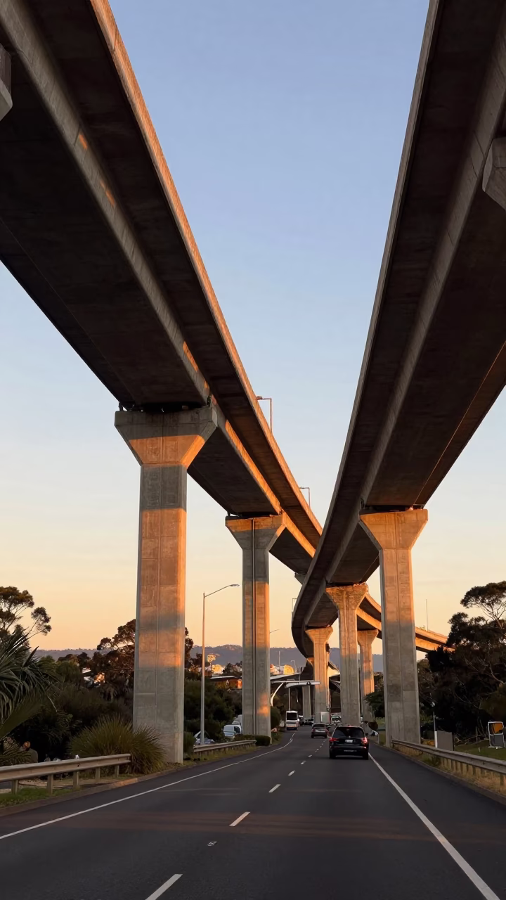 Flyover Stack in Hobart at Golden Hour in in Hobart, Tasmania, Australia