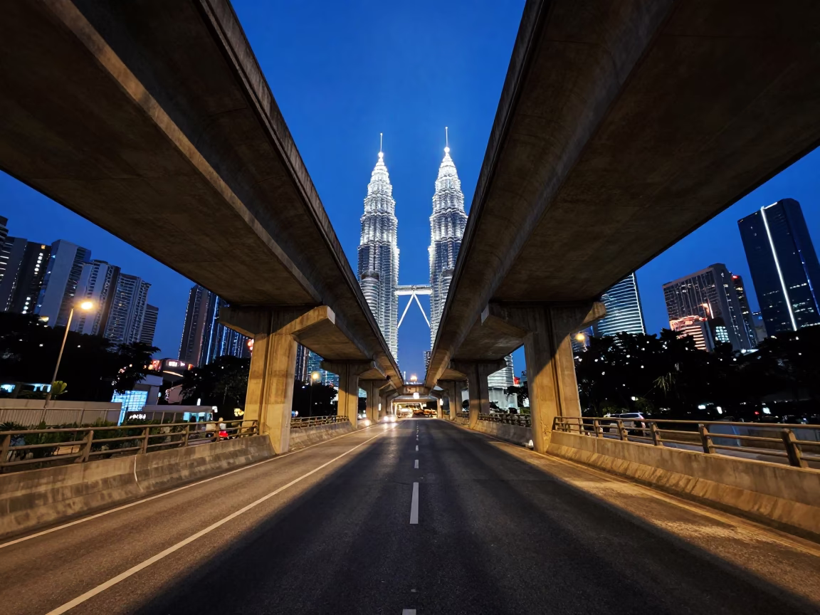 Flyover Underside Striped Shadows in Kuala Lumpur at Twilight in in Kuala Lumpur, Malaysia