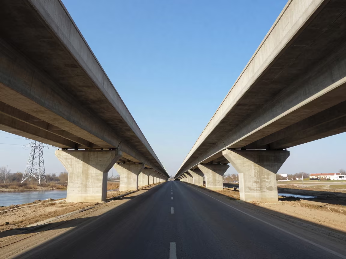 Underside of Flyover with Traffic Shadows in Bulgaria in beneath transmission towers in Bulgaria