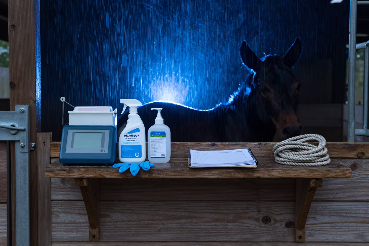 Foaling Stall Monitor Shelf Evening Silhouette in beside a pasture gate in Mississippi