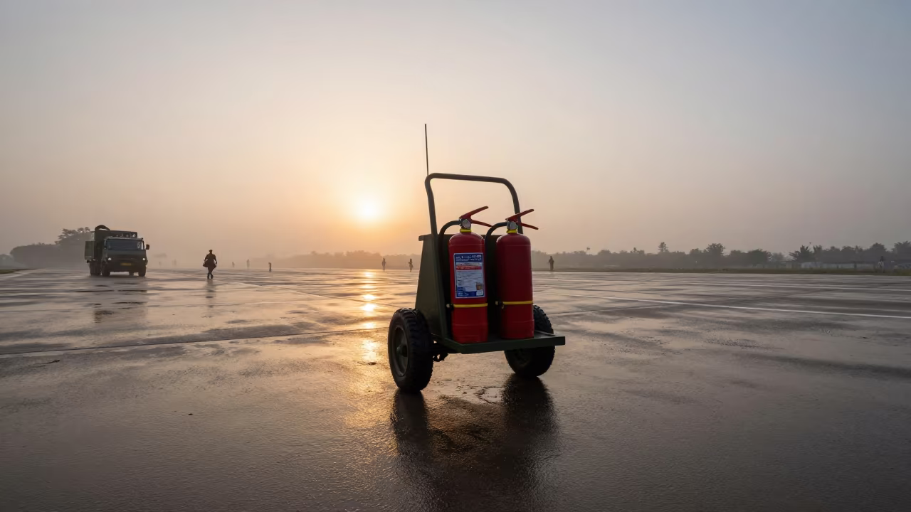 Foam Extinguisher Cart on Military Helipad in beside a convoy halt on open ground in Satkhira